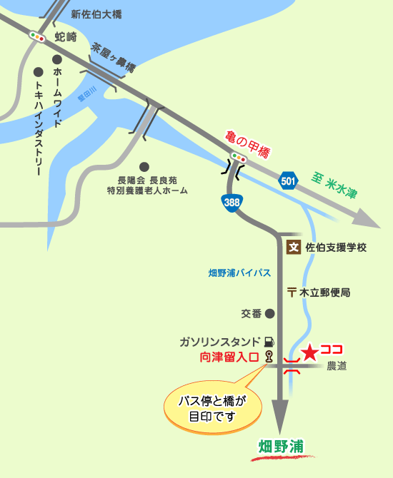 国道388号線、畑野浦バイパス沿い。橋とバス停(向津留入口)が目印です。